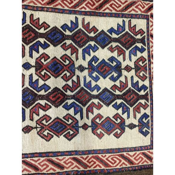Vintage Afghan Flat weave Woven Wool Nomadic Rug Red Blue Geometric 55” x 29” - Picture 8 of 15